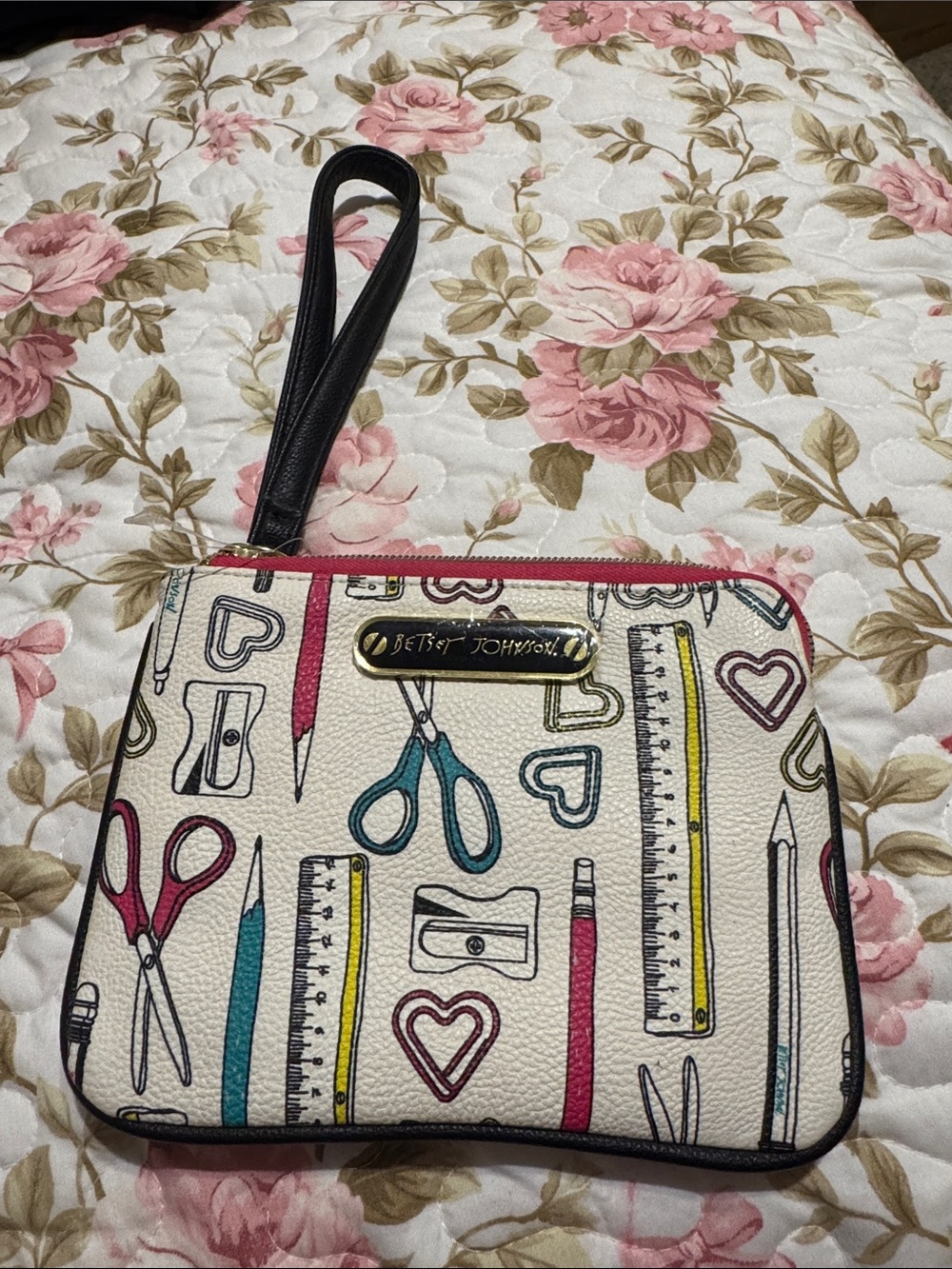 Betsey Johnson Cream Wristlet with Colorful School Supply Print